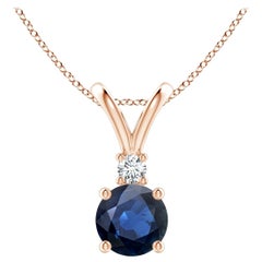 Natürlicher runder 1 ct blauer Saphir Solitär-Anhänger mit Diamant in 14K Rose Gold