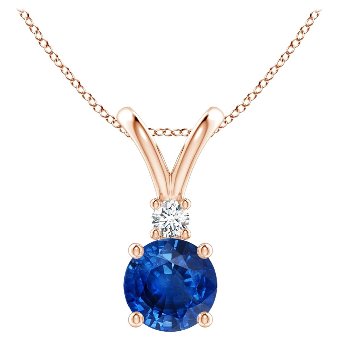 Natürlicher runder 1 ct blauer Saphir Solitär-Anhänger mit Diamant in 14K Rose Gold