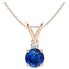 Natürlicher runder 1 ct blauer Saphir Solitär-Anhänger mit Diamant in 14K Rose Gold