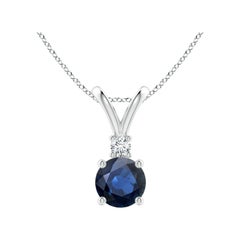 Nature Saphir bleu rond 1 ct Solitaire V-Bale Pendentif avec diamant en Silver