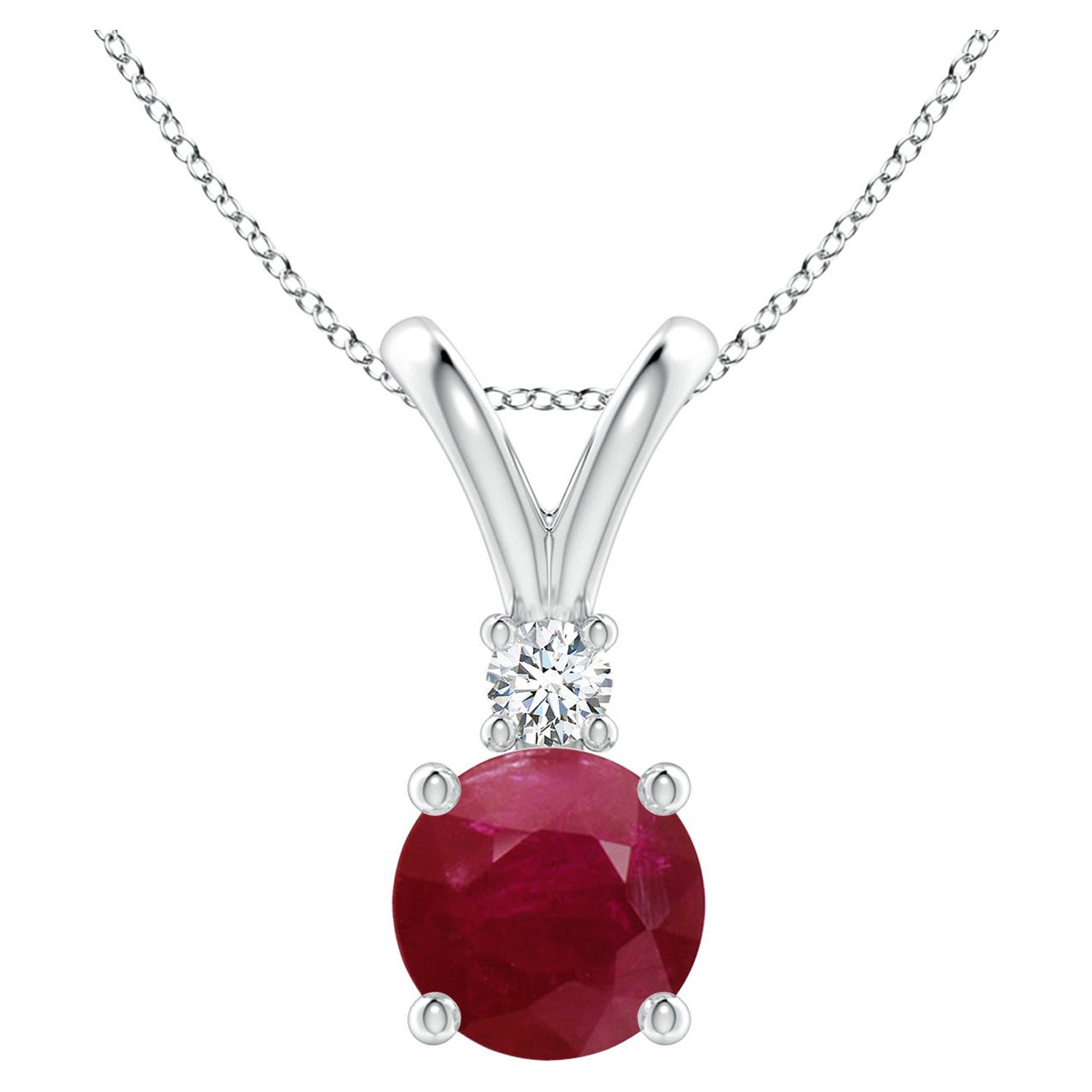 Natural Round 1.4 ct Ruby Solitaire V-Bale Pendant with Diamond in Platinum