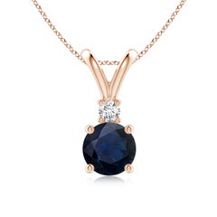 Ciondolo con zaffiro blu rotondo naturale da 1,6 carati e diamante solitario in oro rosa 14K