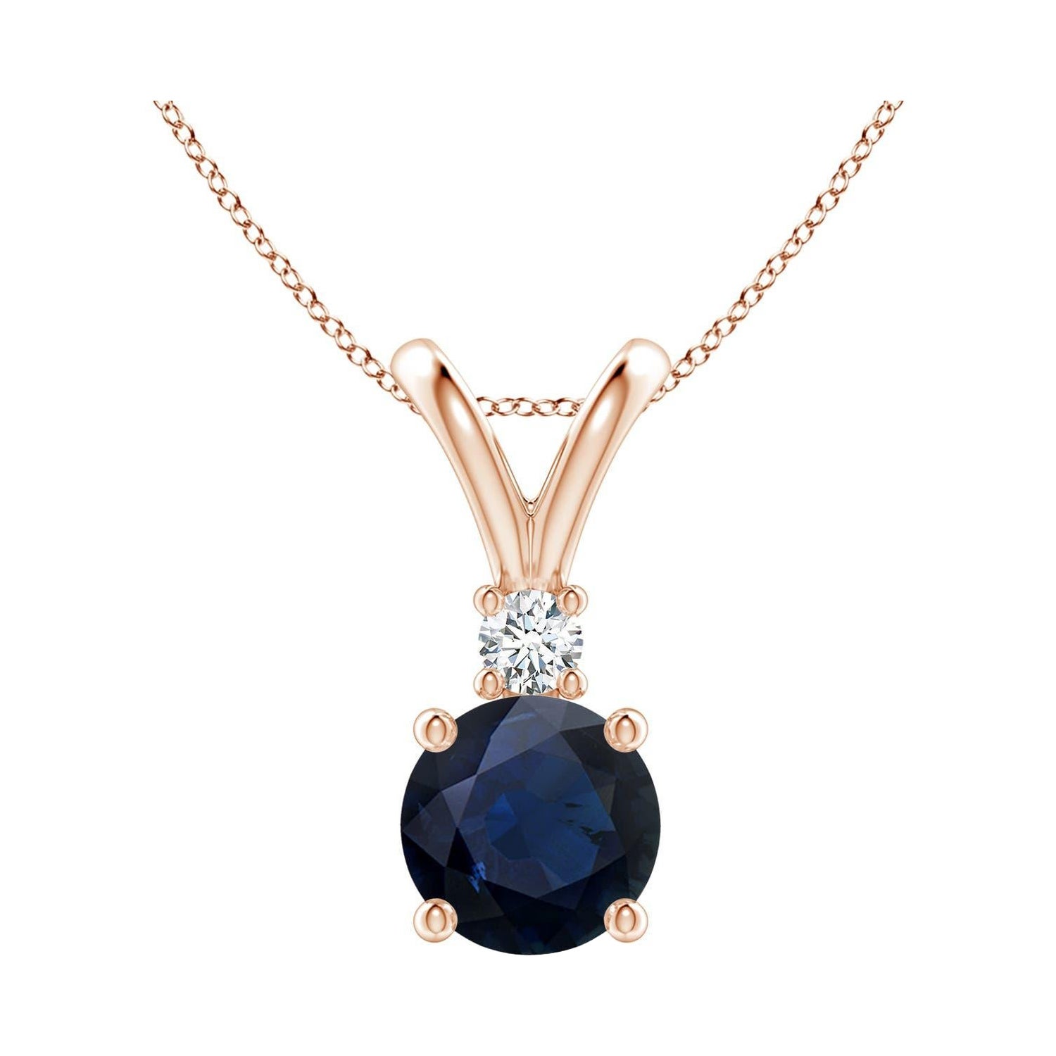Ciondolo con zaffiro blu rotondo naturale da 1,6 carati e diamante solitario in oro rosa 14K in vendita