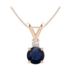 Ciondolo con zaffiro blu rotondo naturale da 1,6 carati e diamante solitario in oro rosa 14K