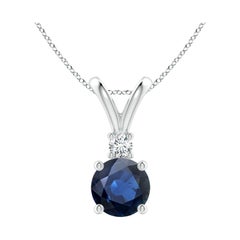 Pendentif solitaire en or blanc 14K avec saphir bleu rond naturel de 1,6 ct et diamant