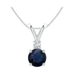 Pendentif solitaire en or blanc 14K avec saphir bleu rond naturel de 1,6 ct et diamant