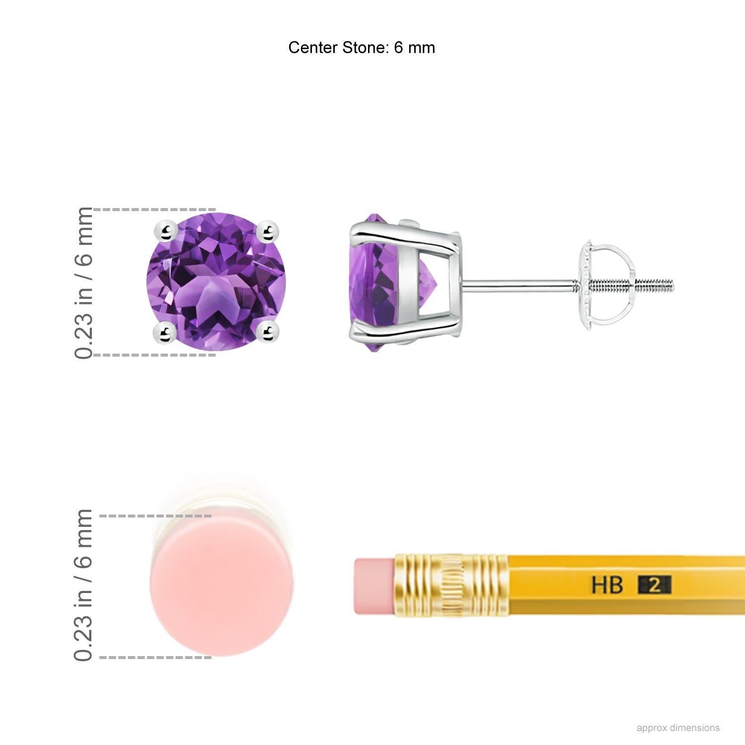 Simple and elegant, these amethyst solitaire stud earrings are set in platinum. The round amethysts exhibit their mysterious purple allure with a sparkle. They are held in a basket-style prong setting for added brilliance.