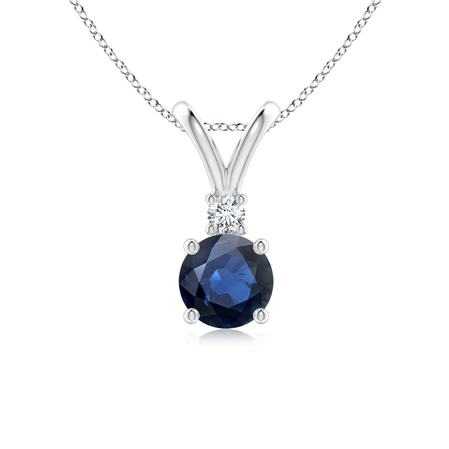 Ciondolo solitario con zaffiro blu rotondo naturale da 1 centesimo e diamante in oro bianco 14 carati in vendita