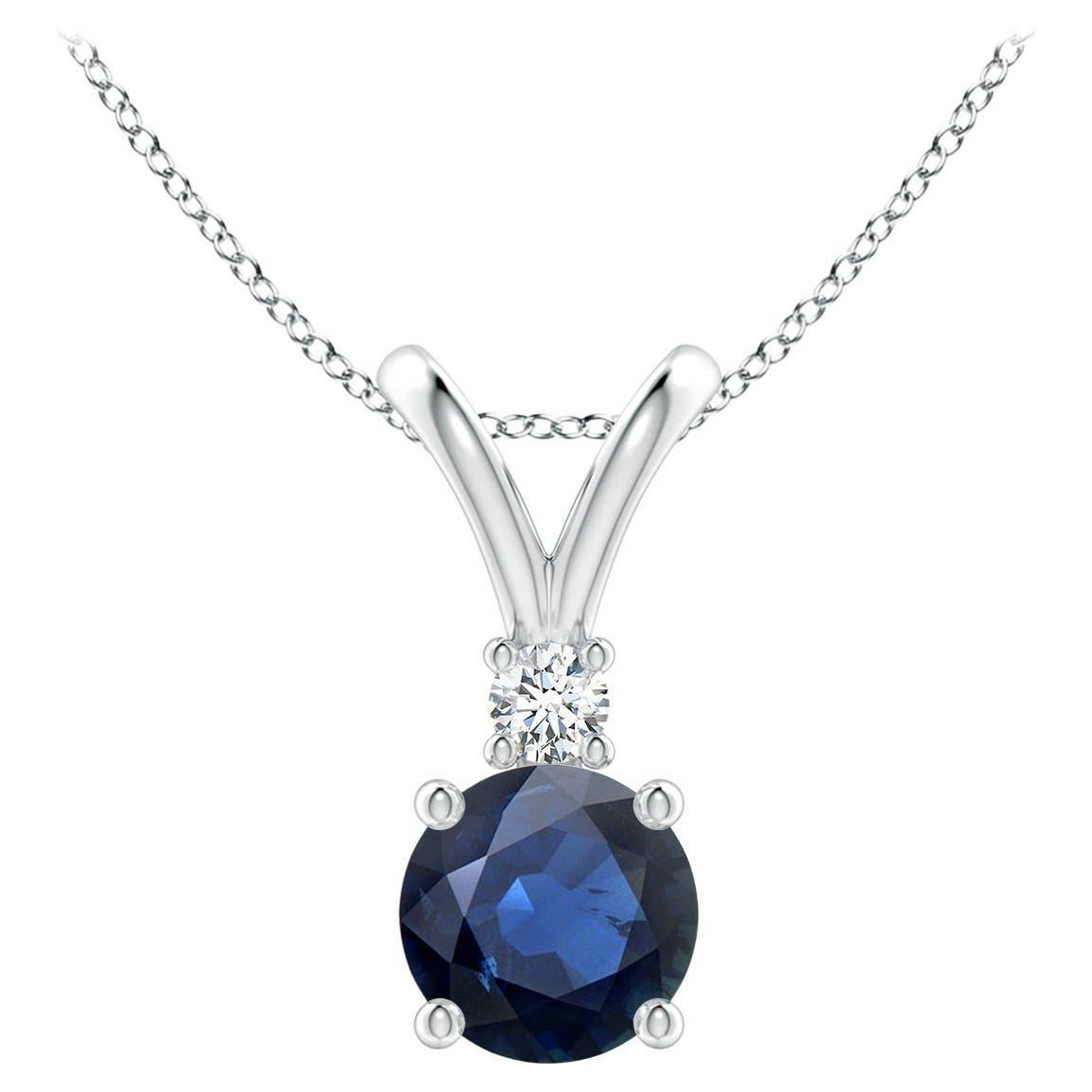 Pendentif solitaire en or blanc 14K avec saphir bleu rond naturel de 1ct et diamant