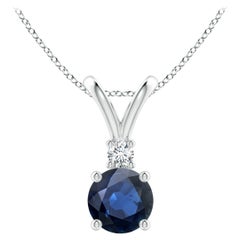 Pendentif solitaire en or blanc 14K avec saphir bleu rond naturel de 1ct et diamant