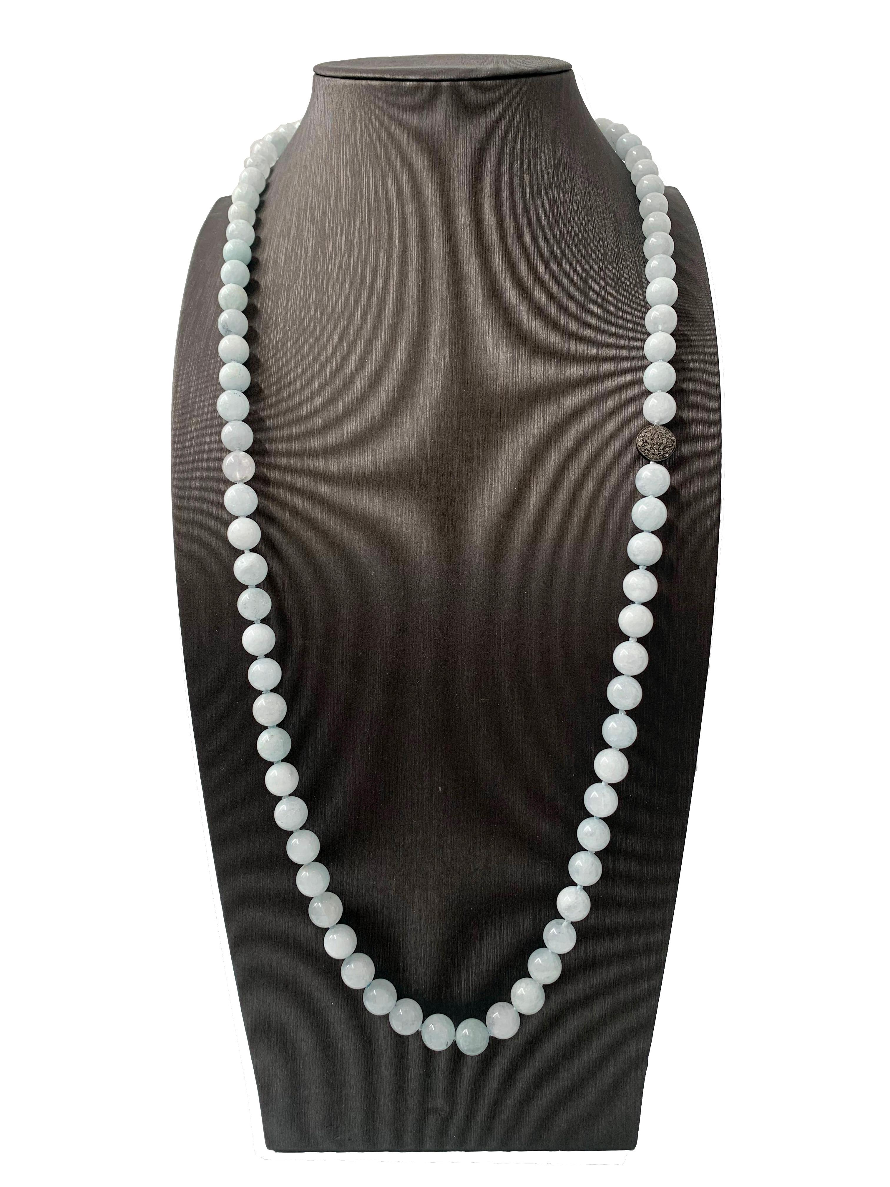 Contemporary Natural Round African Aquamarine and Champagne Diamond Bead Necklace For Sale