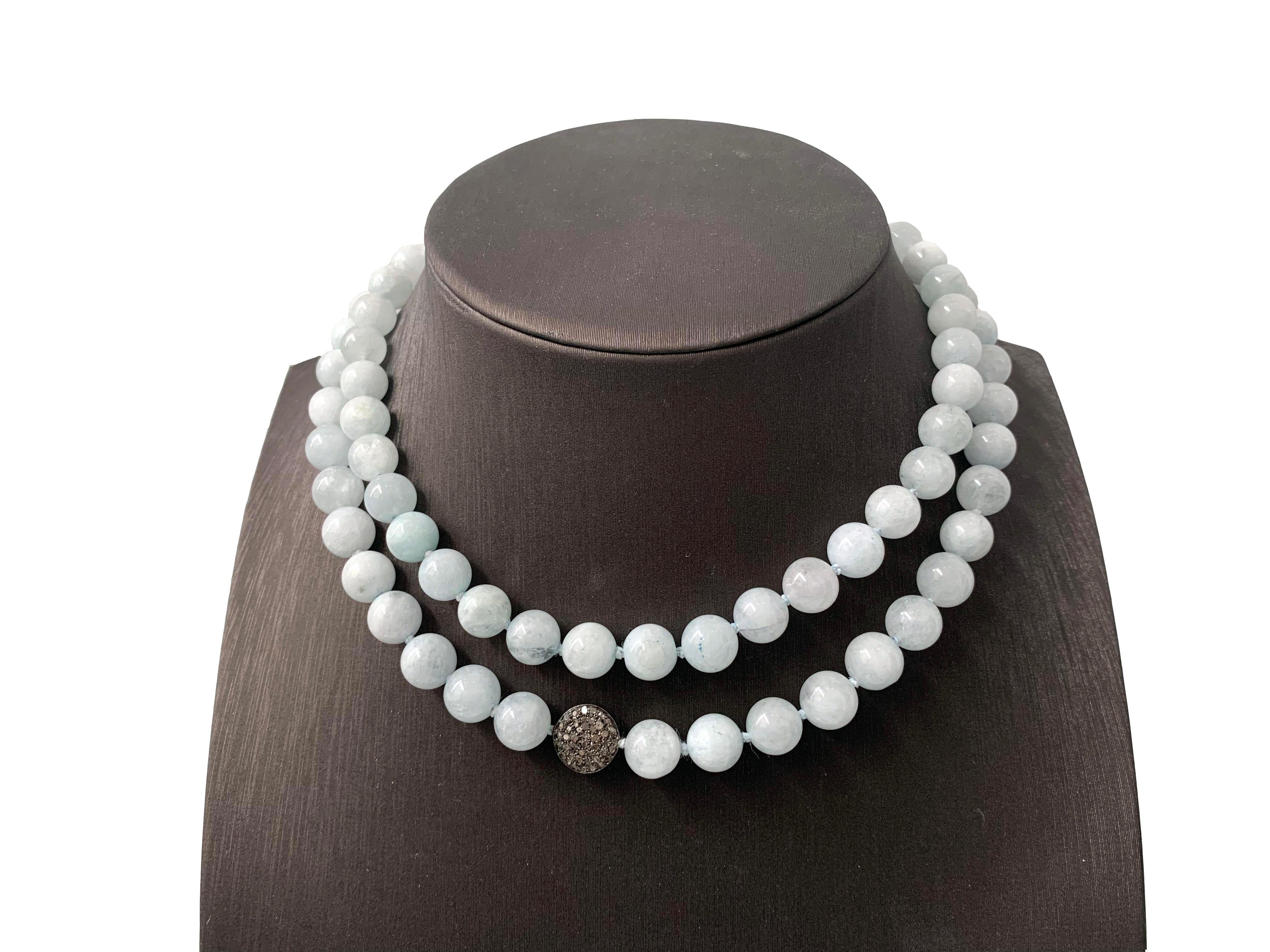 Round Cut Natural Round African Aquamarine and Champagne Diamond Bead Necklace For Sale
