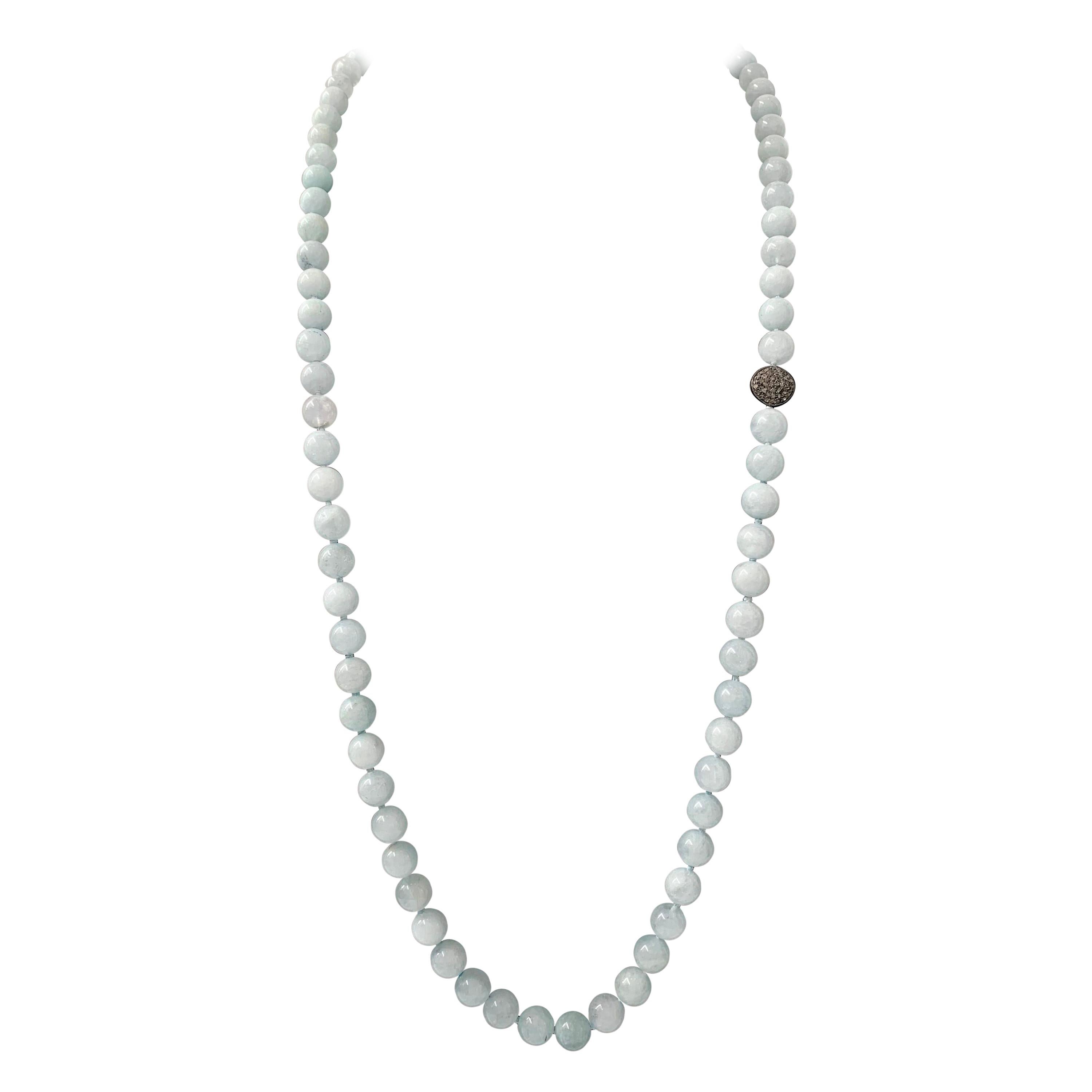 Natural Round African Aquamarine and Champagne Diamond Bead Necklace For Sale