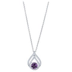 Natural Round Amethyst and Diamond 18 Karat White Gold Pendant Necklace