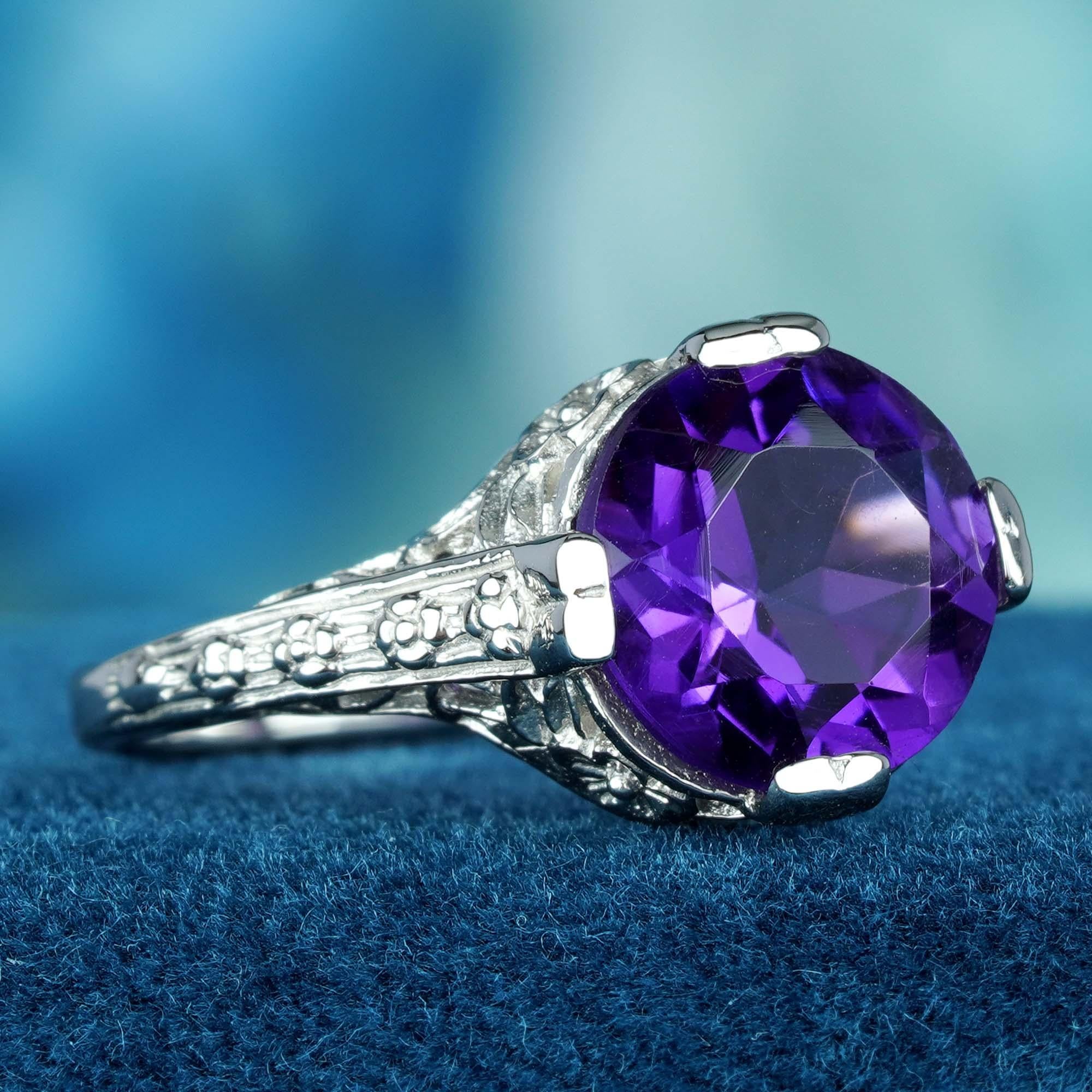 For Sale:  Natural Round Amethyst Vintage Style Filigree Ring in Solid 9K White Gold 2