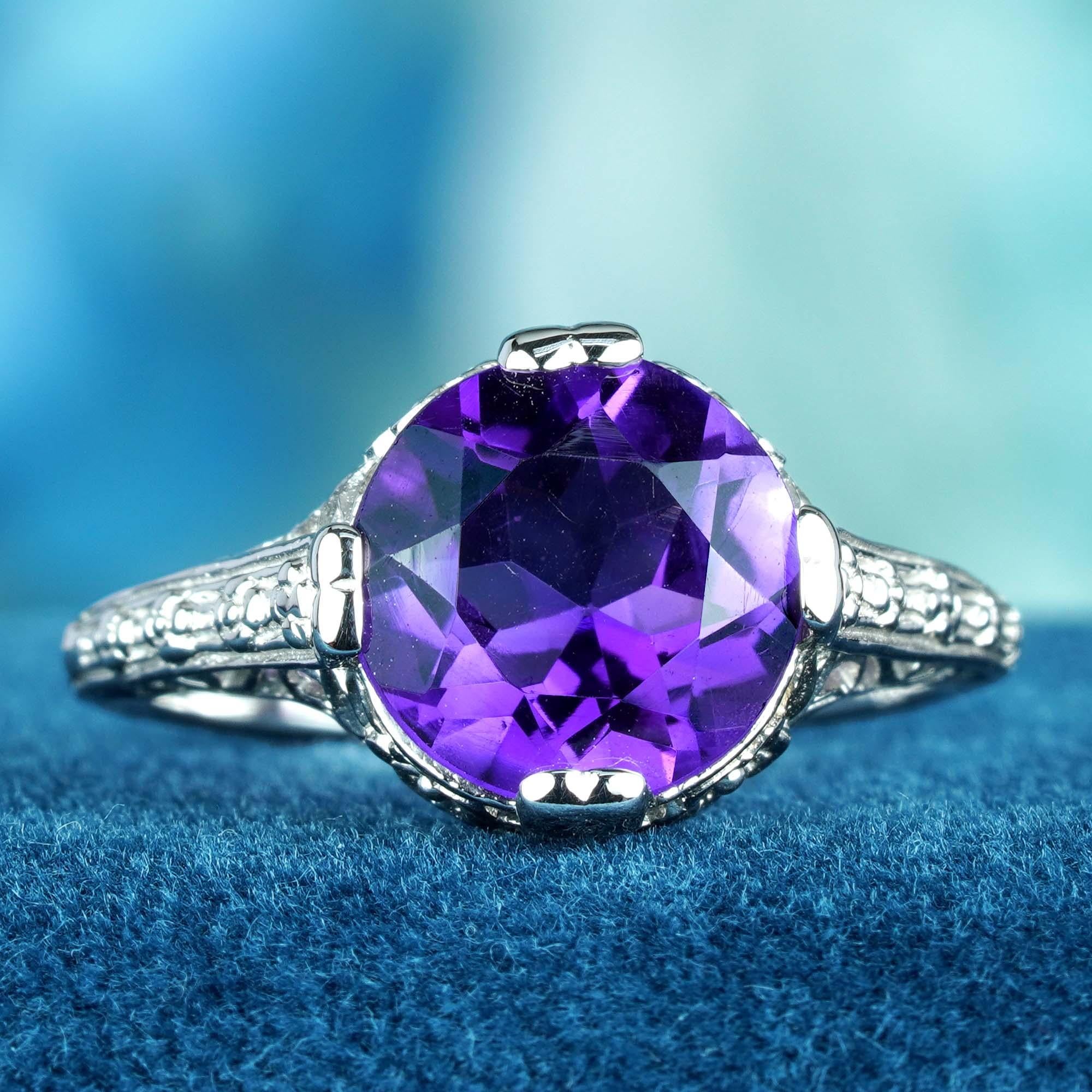 For Sale:  Natural Round Amethyst Vintage Style Filigree Ring in Solid 9K White Gold 3