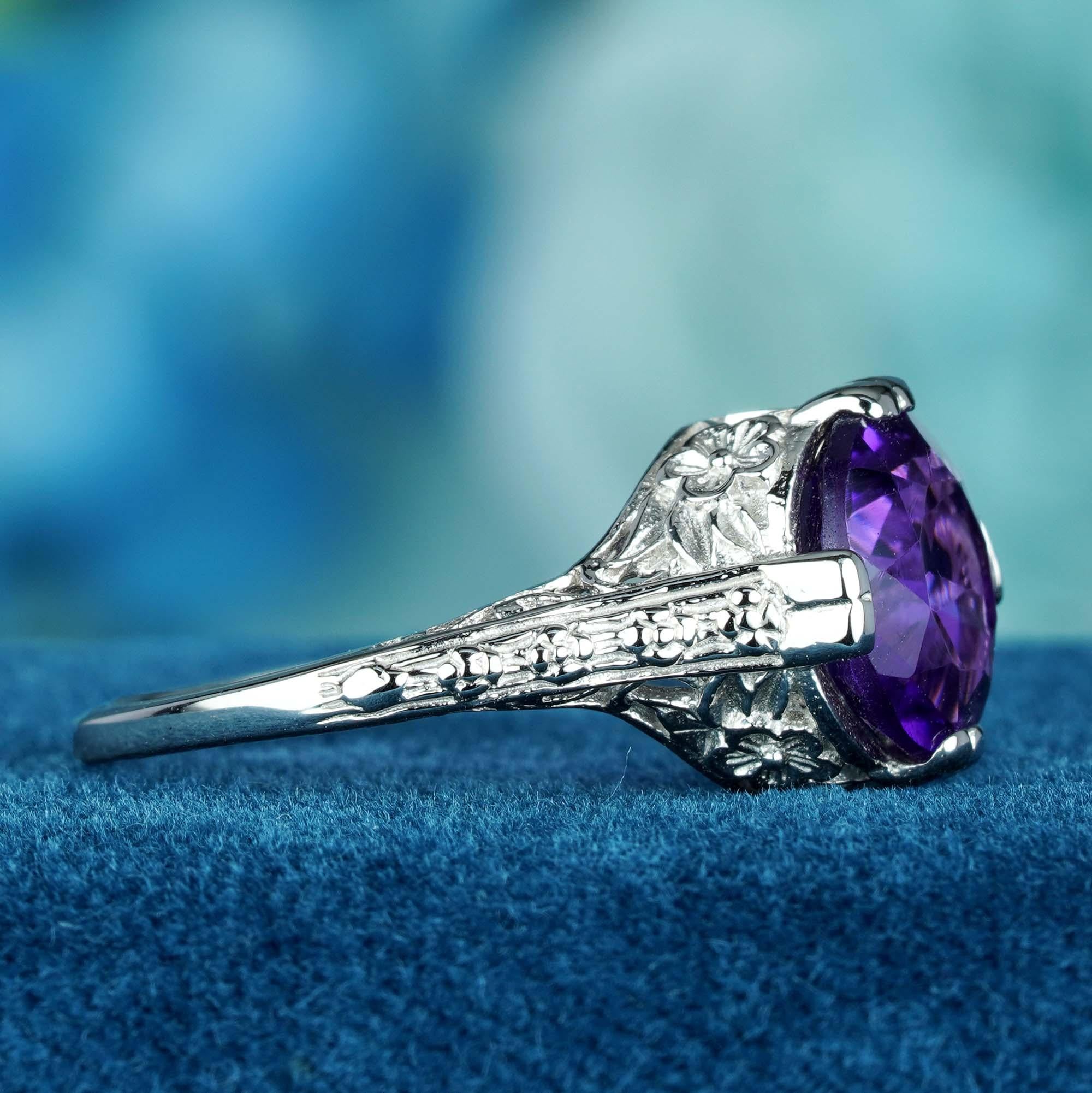 For Sale:  Natural Round Amethyst Vintage Style Filigree Ring in Solid 9K White Gold 4