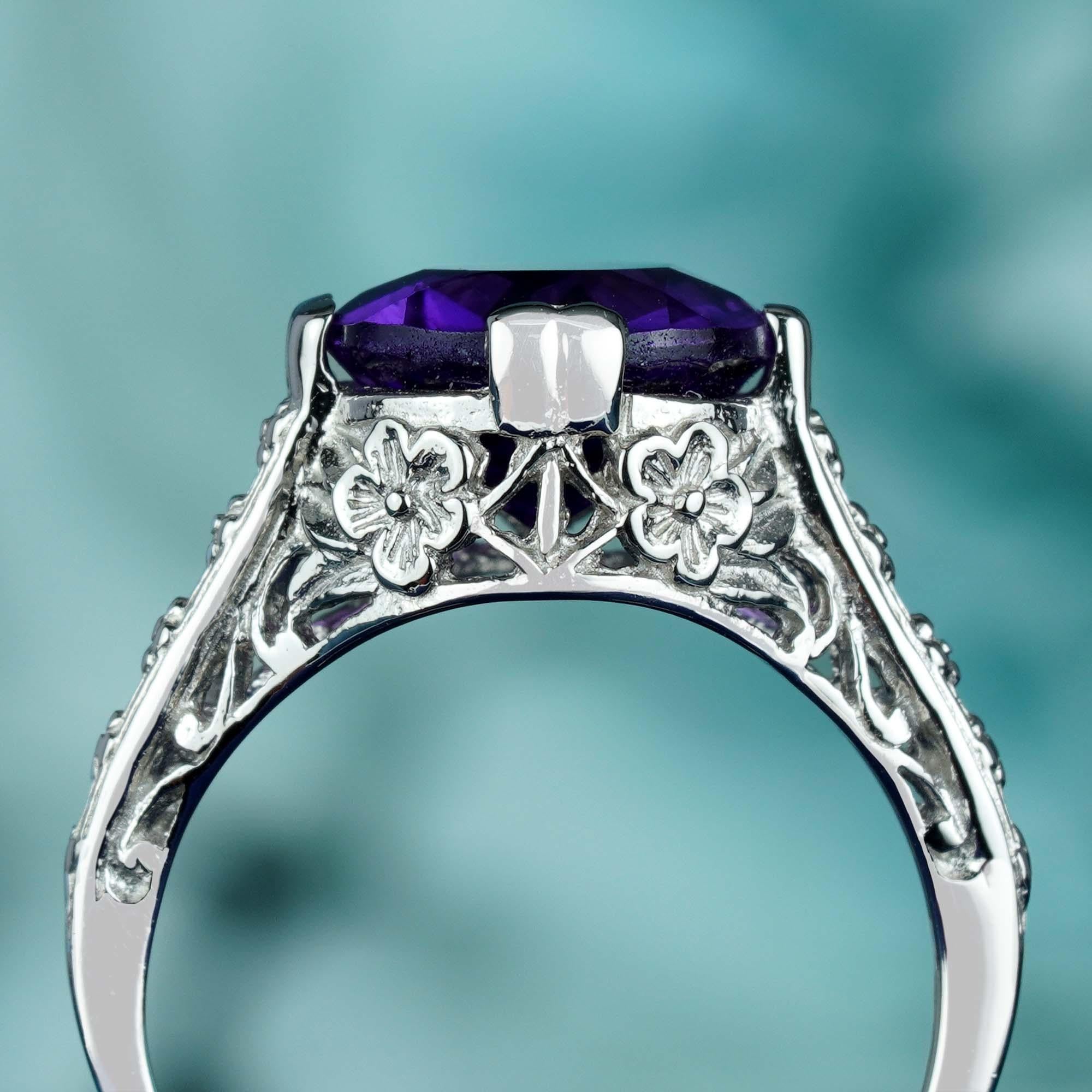 For Sale:  Natural Round Amethyst Vintage Style Filigree Ring in Solid 9K White Gold 5