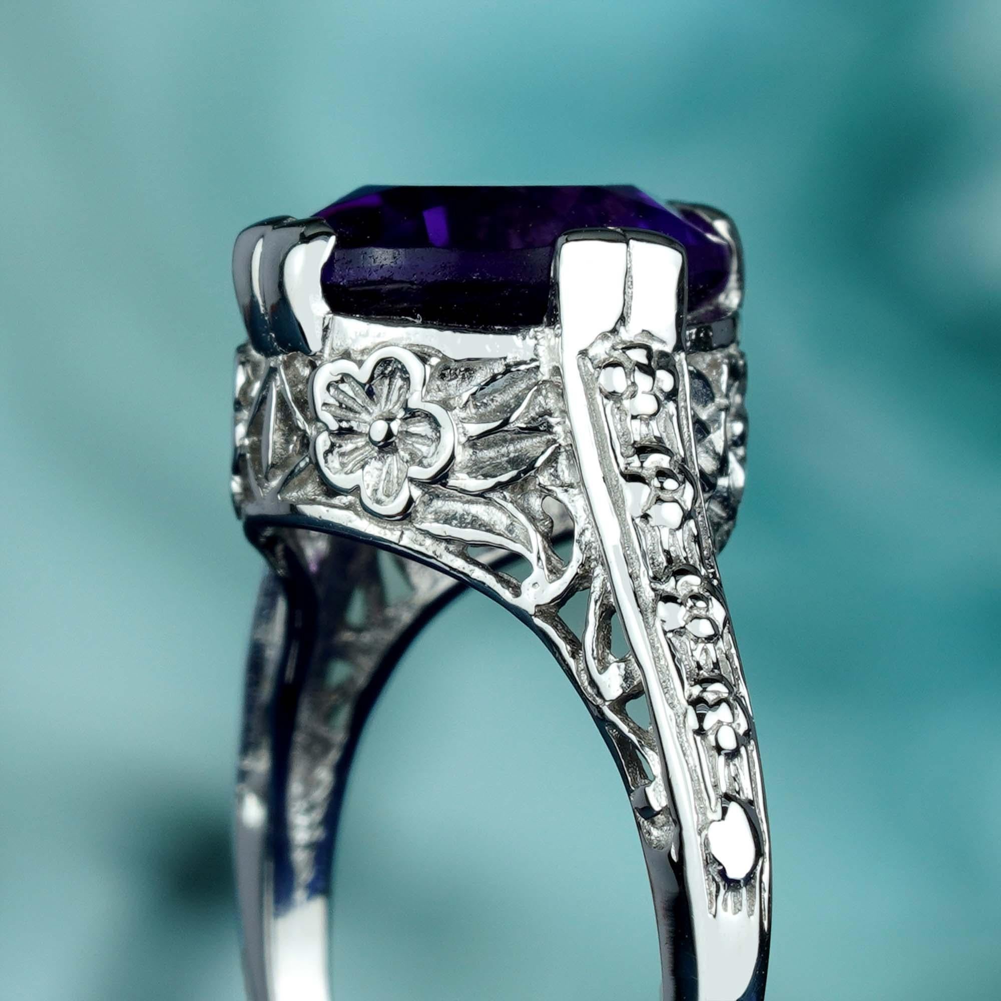 For Sale:  Natural Round Amethyst Vintage Style Filigree Ring in Solid 9K White Gold 6