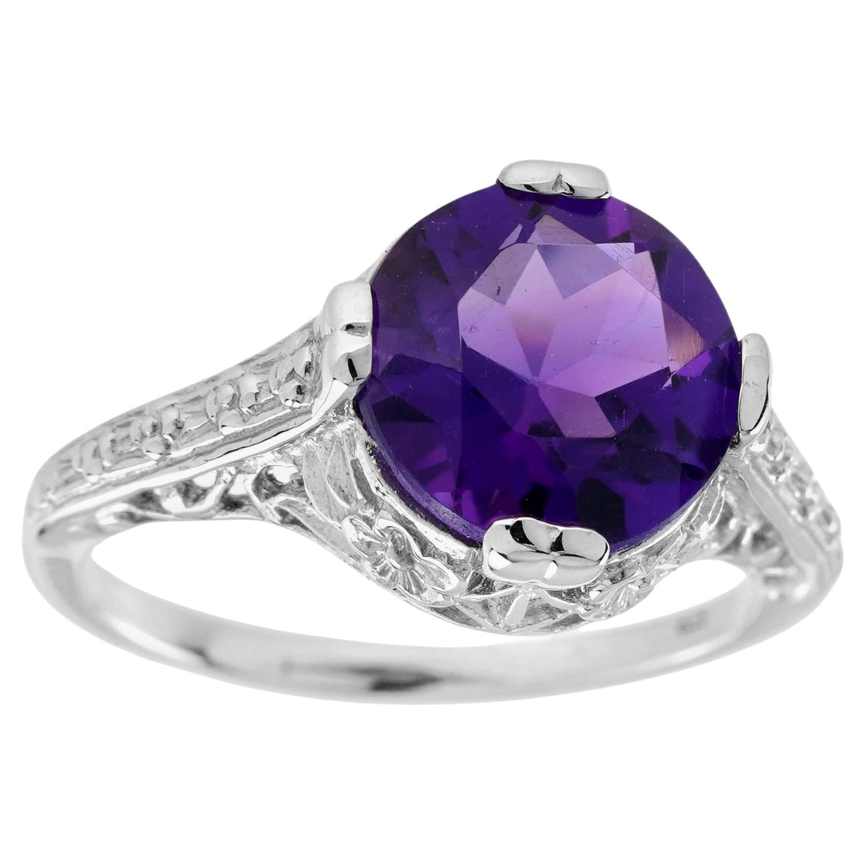 For Sale:  Natural Round Amethyst Vintage Style Filigree Ring in Solid 9K White Gold