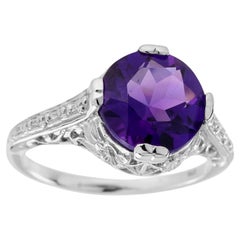 Natural Round Amethyst Vintage Style Filigree Ring in Solid 9K White Gold