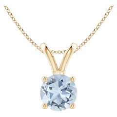 Natural Round Aquamarine Solitaire Pendant in 14K Solid Gold for Women