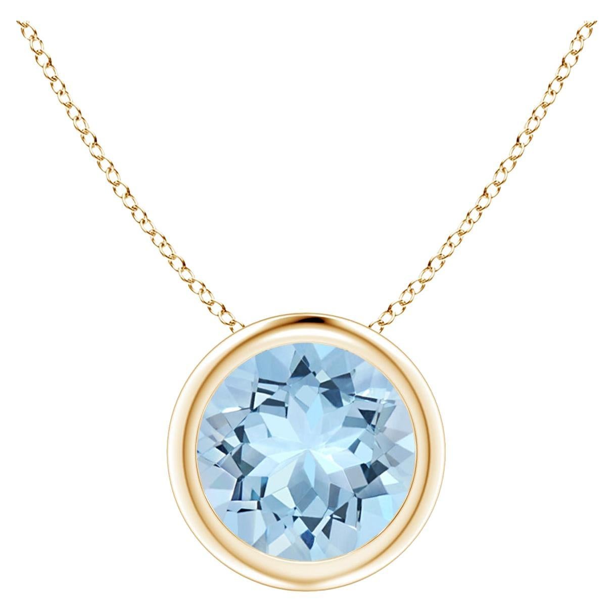 Natural Round Aquamarine Solitaire Pendant in 14K Yellow Gold (Size-7mm) For Sale