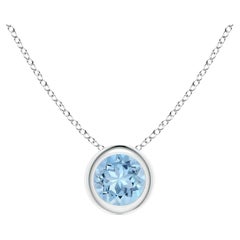 Pendentif solitaire aigue-marine ronde naturelle en platine (taille 4 mm)