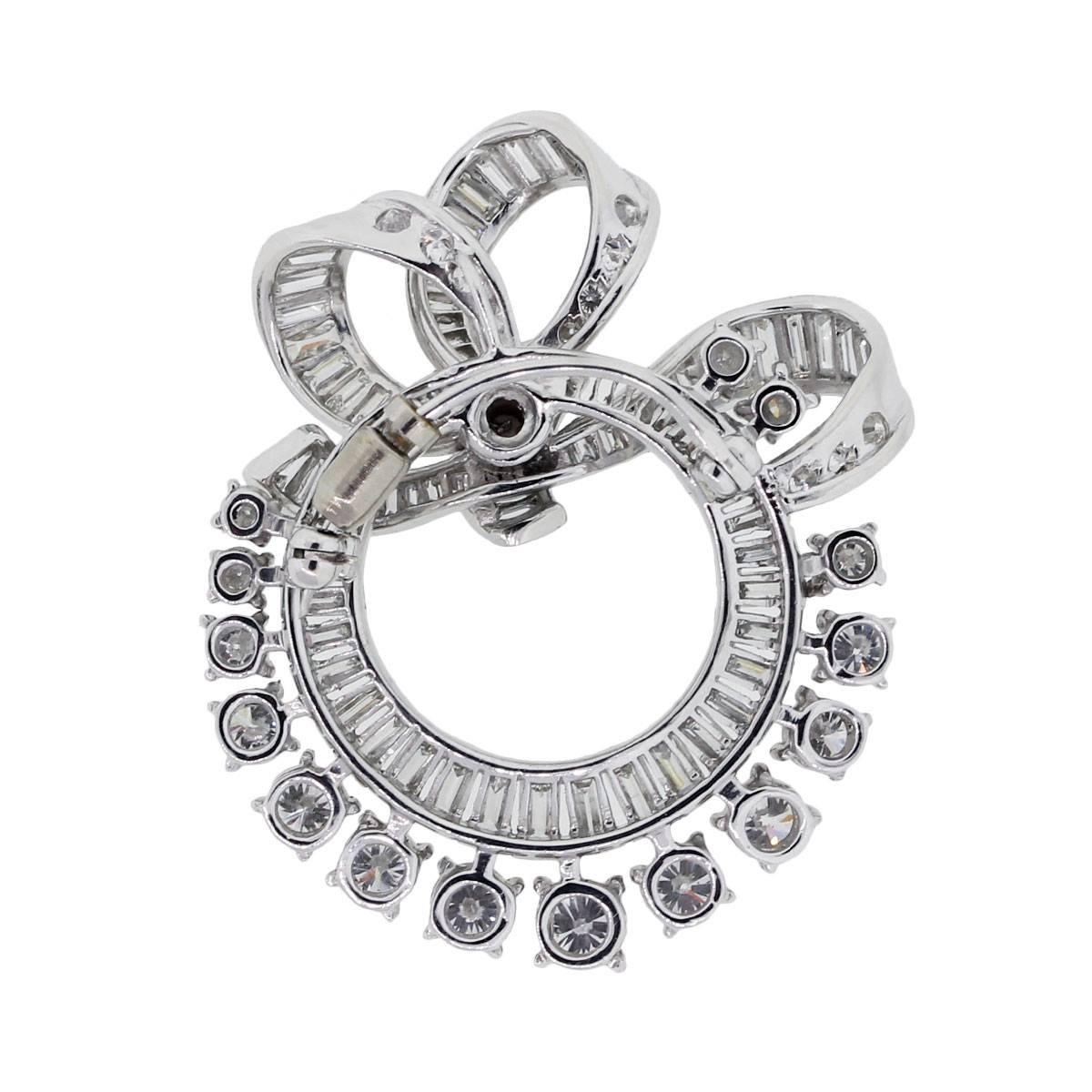 Artisan Natural Round, Baguette and Emerald Cut Diamond Platinum Pin Brooch In Stock For Sale