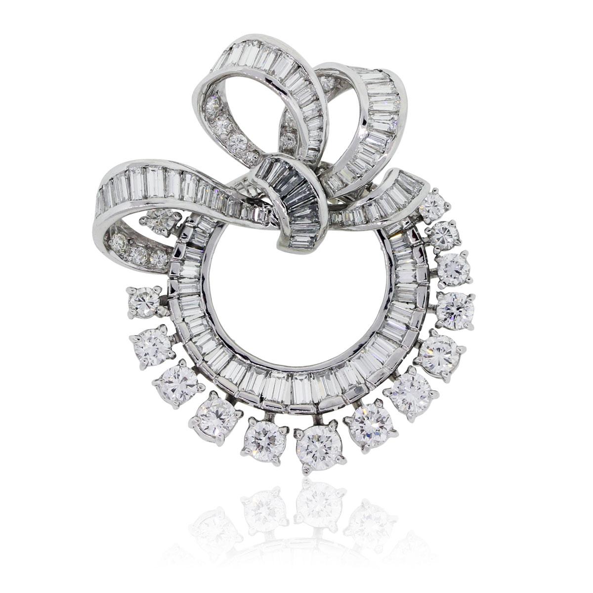 Round Cut Natural Round, Baguette and Emerald Cut Diamond Platinum Pin Brooch In Stock For Sale