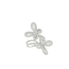 Natural Round & Baguette Cut Diamond Double Butterfly 18-Karat Ring In Stock