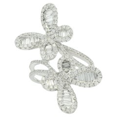 Natural Round & Baguette Cut Diamond Double Butterfly 18-Karat Ring In Stock
