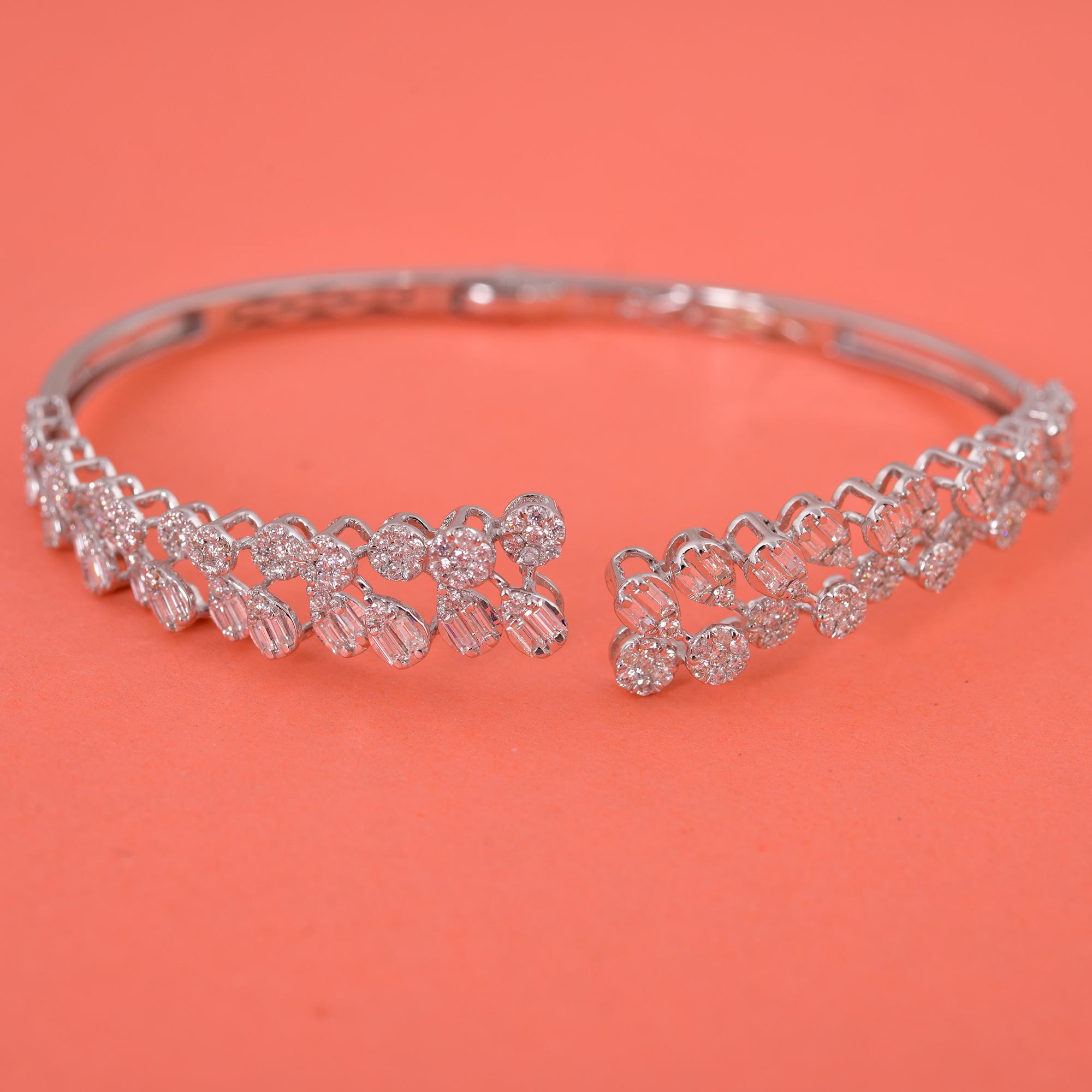 Modern Natural Round Baguette Diamond Cuff Bangle Bracelet 14 Karat White Gold Jewelry For Sale