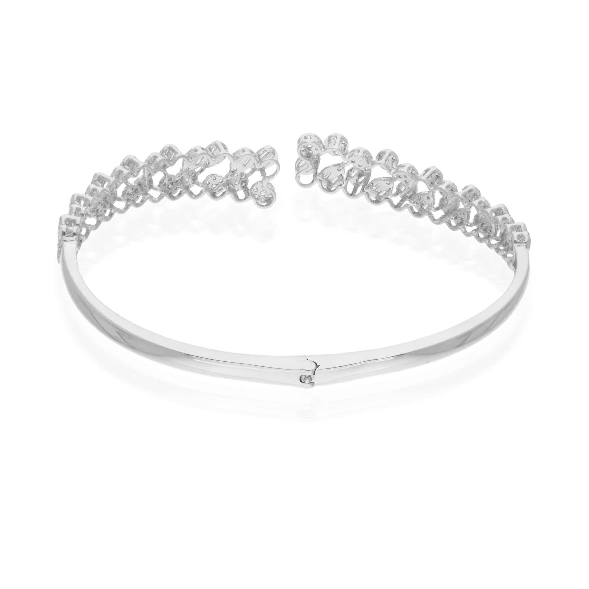 Women's Natural Round Baguette Diamond Cuff Bangle Bracelet 14 Karat White Gold Jewelry For Sale