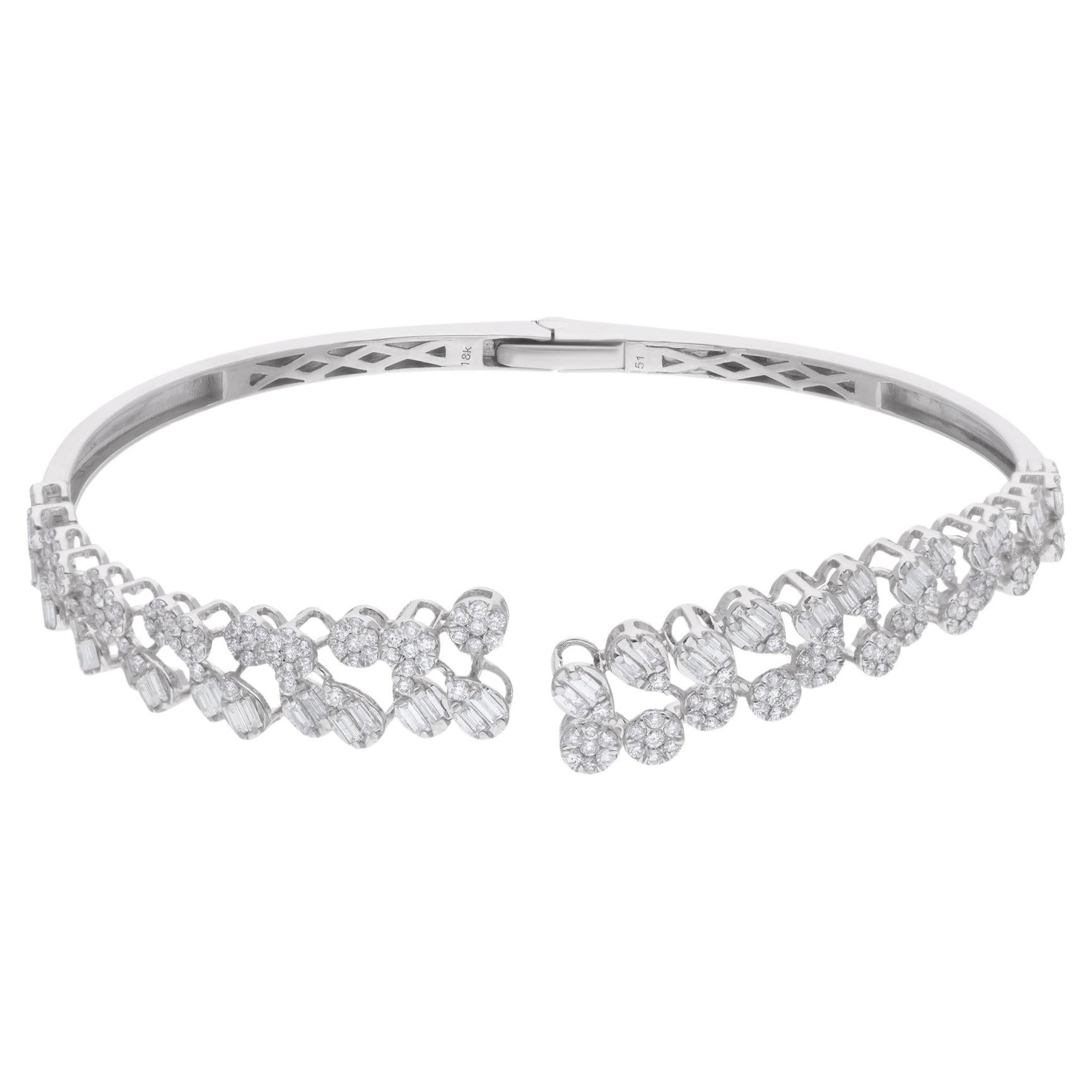 Natural Round Baguette Diamond Cuff Bangle Bracelet 14 Karat White Gold Jewelry For Sale