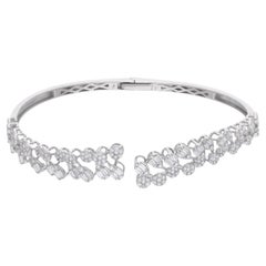 Bracelet manchette jonc en or blanc 14 carats avec diamants ronds baguettes naturels