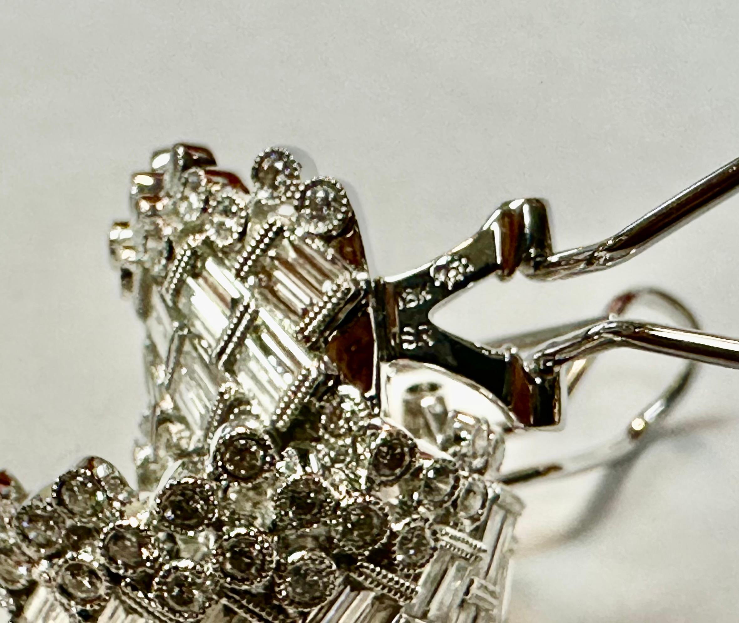 Women's Natural Round & Baguette Diamond Dinner 18K White Gold Earrings For Sale