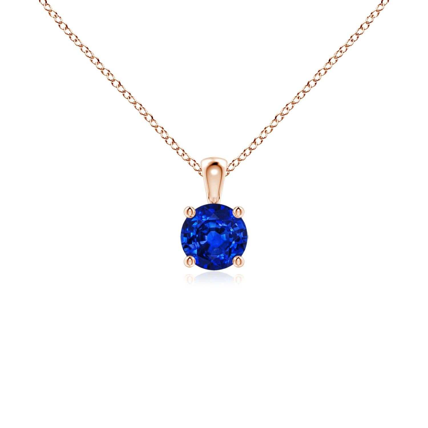 Pendentif solitaire en or rose 14 carats avec saphir bleu rond naturel, taille 4 mm