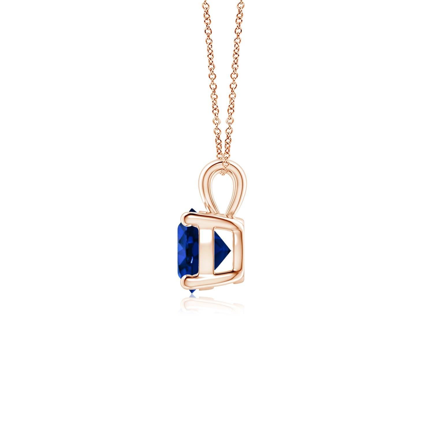 Linked to a lustrous bale is a stunning sapphire solitaire secured in a four prong setting. Crafted in 14k rose gold, the elegant design of this classic sapphire pendant draws all attention towards the magnificence of the center stone.
Blue Sapphire