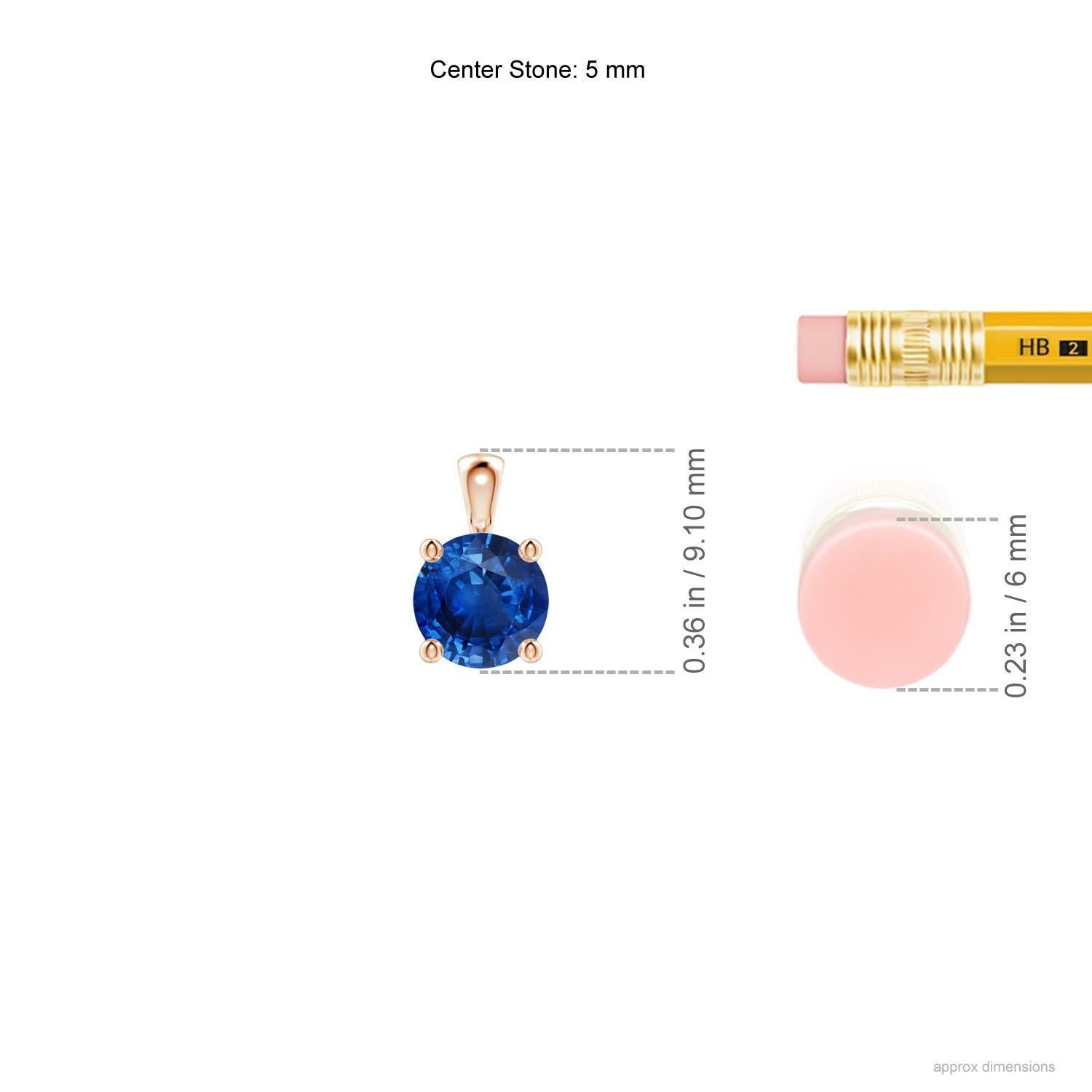 Linked to a lustrous bale is a stunning sapphire solitaire secured in a four prong setting. Crafted in 14k rose gold, the elegant design of this classic sapphire pendant draws all attention towards the magnificence of the center stone.
Blue Sapphire