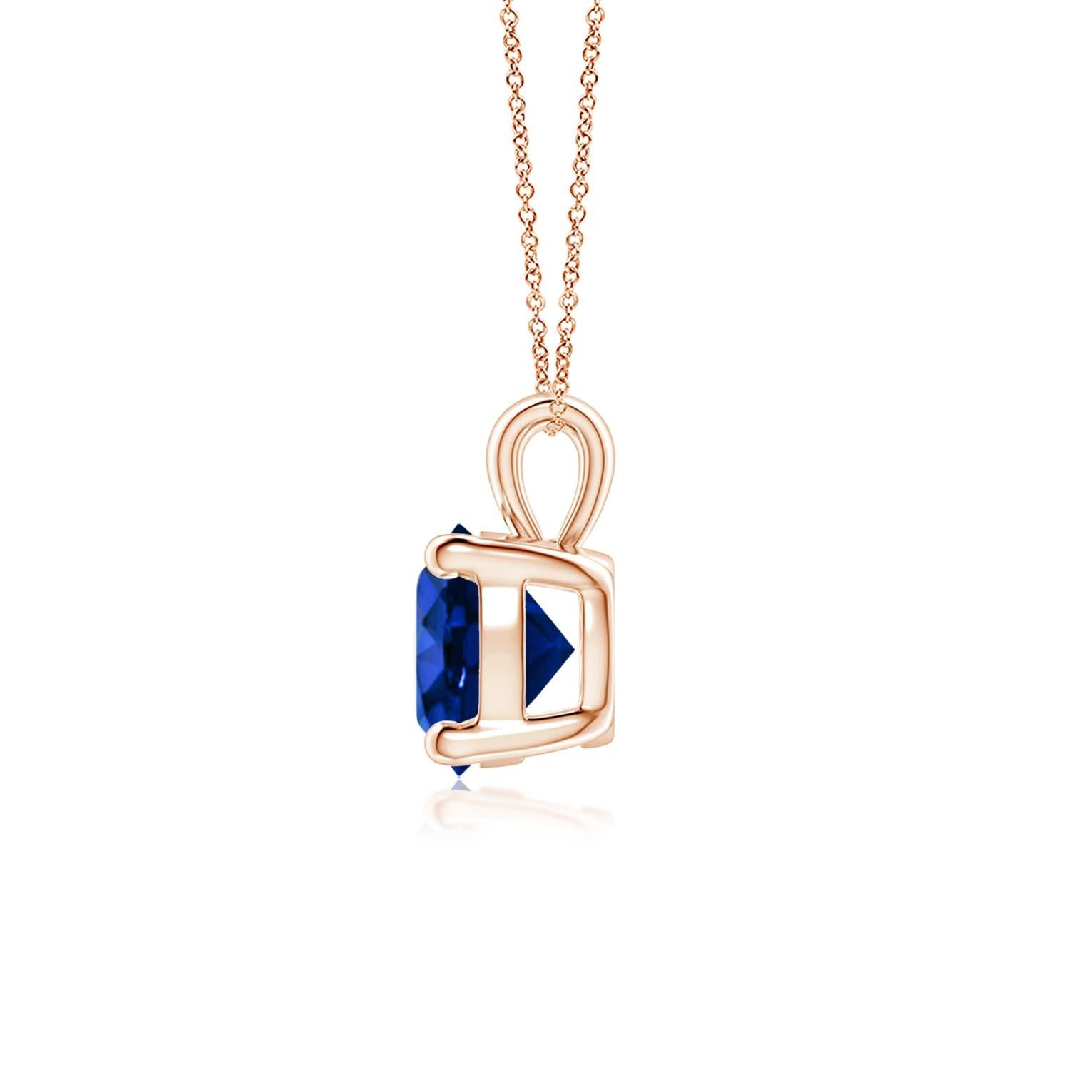 Linked to a lustrous bale is a stunning sapphire solitaire secured in a four prong setting. Crafted in 14k rose gold, the elegant design of this classic sapphire pendant draws all attention towards the magnificence of the center stone.
Blue Sapphire