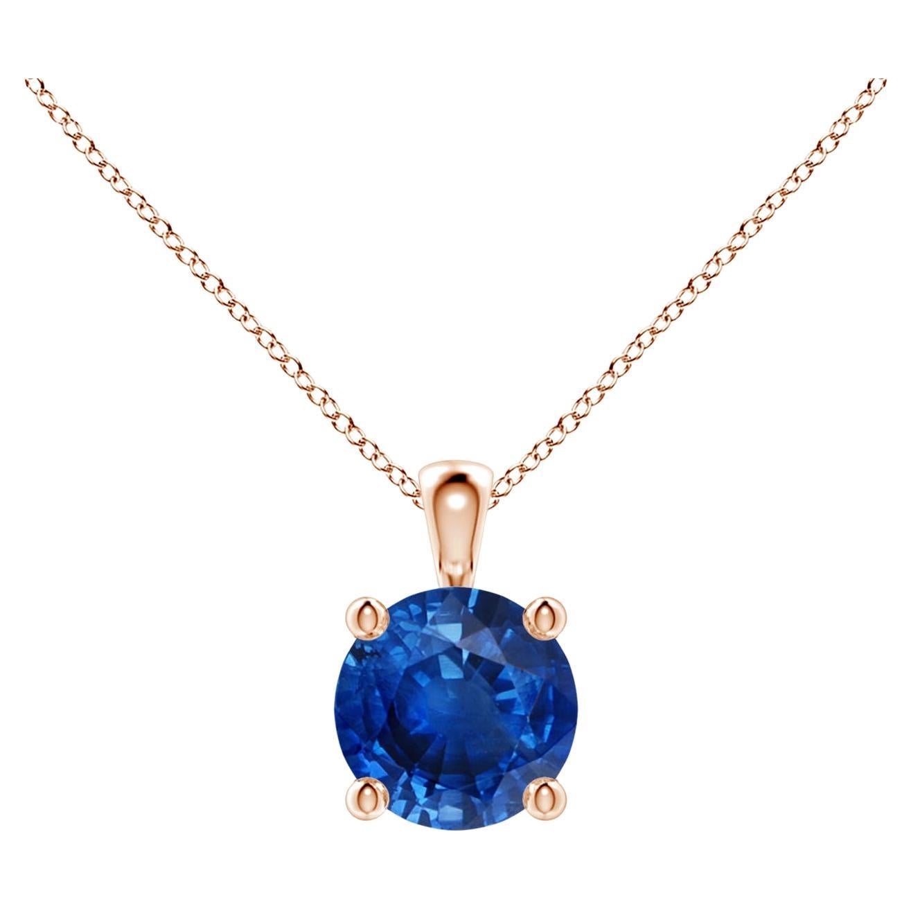 Natural Round Blue Sapphire Solitaire Pendant in 14K Rose Gold Size-6mm For Sale