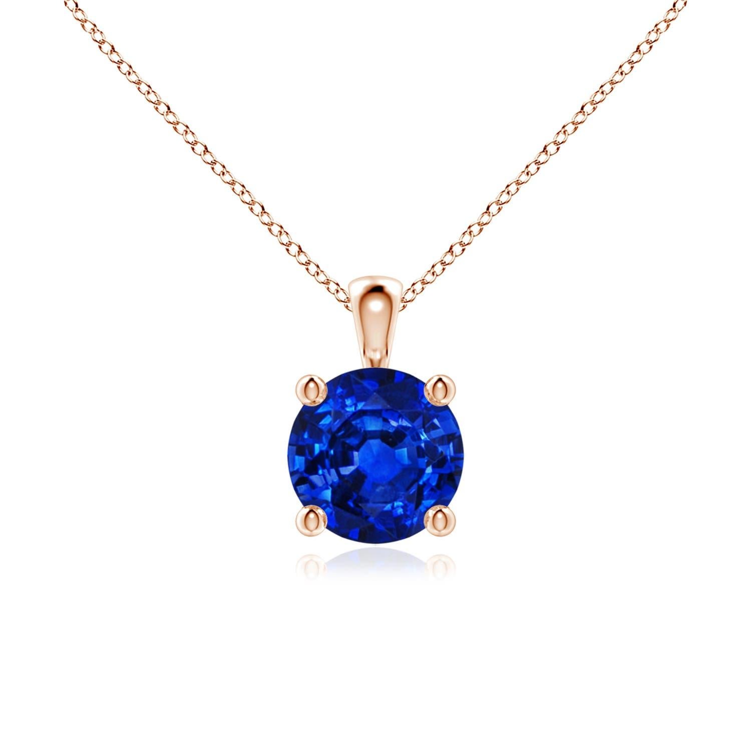 Natural Round Blue Sapphire Solitaire Pendant in 14K Rose Gold Size-6mm For Sale