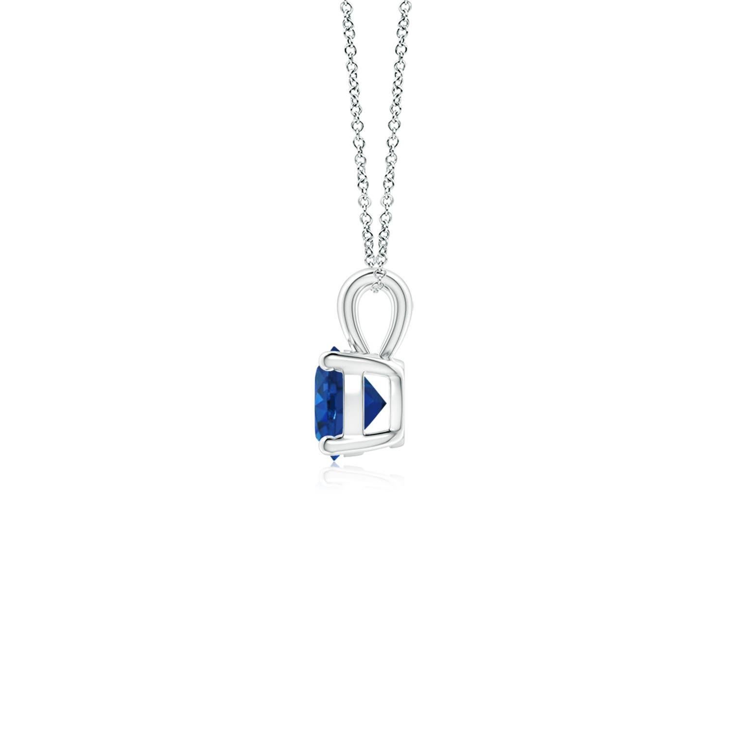 Linked to a lustrous bale is a stunning sapphire solitaire secured in a four prong setting. Crafted in 14k white gold, the elegant design of this classic sapphire pendant draws all attention towards the magnificence of the center stone.
Blue