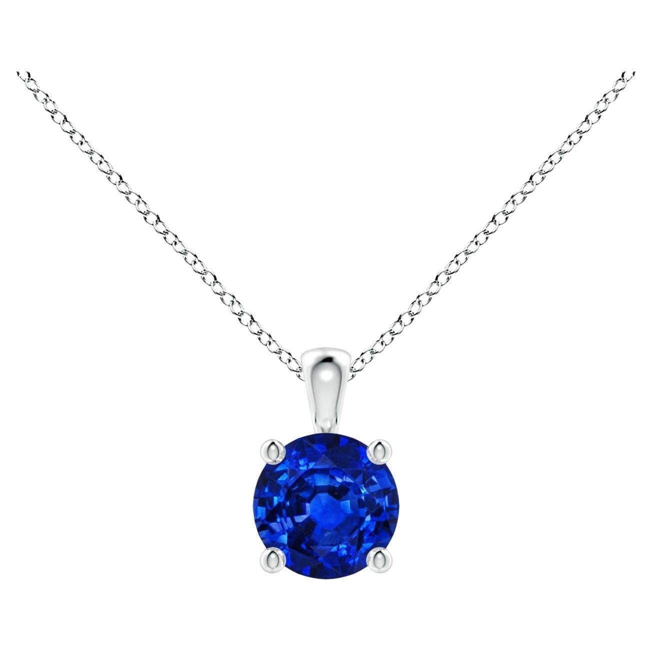Natural Round Blue Sapphire Solitaire Pendant in 14K White Gold Size-5mm For Sale
