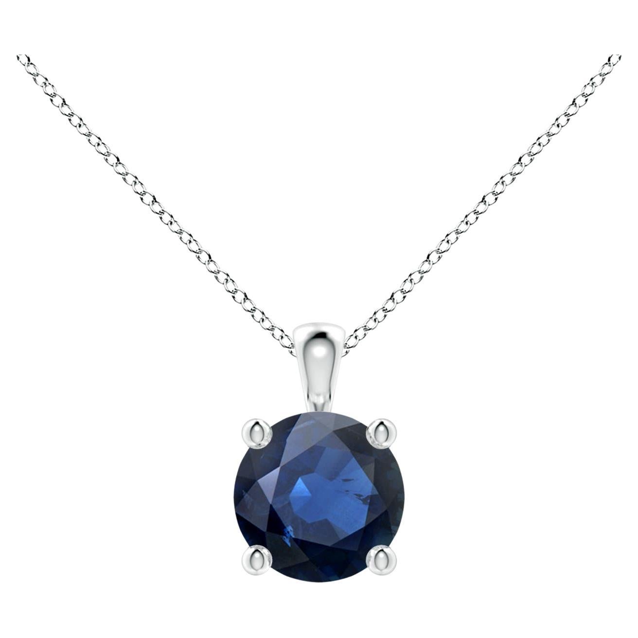 Natural Round Blue Sapphire Solitaire Pendant in 14K White Gold Size-6mm For Sale
