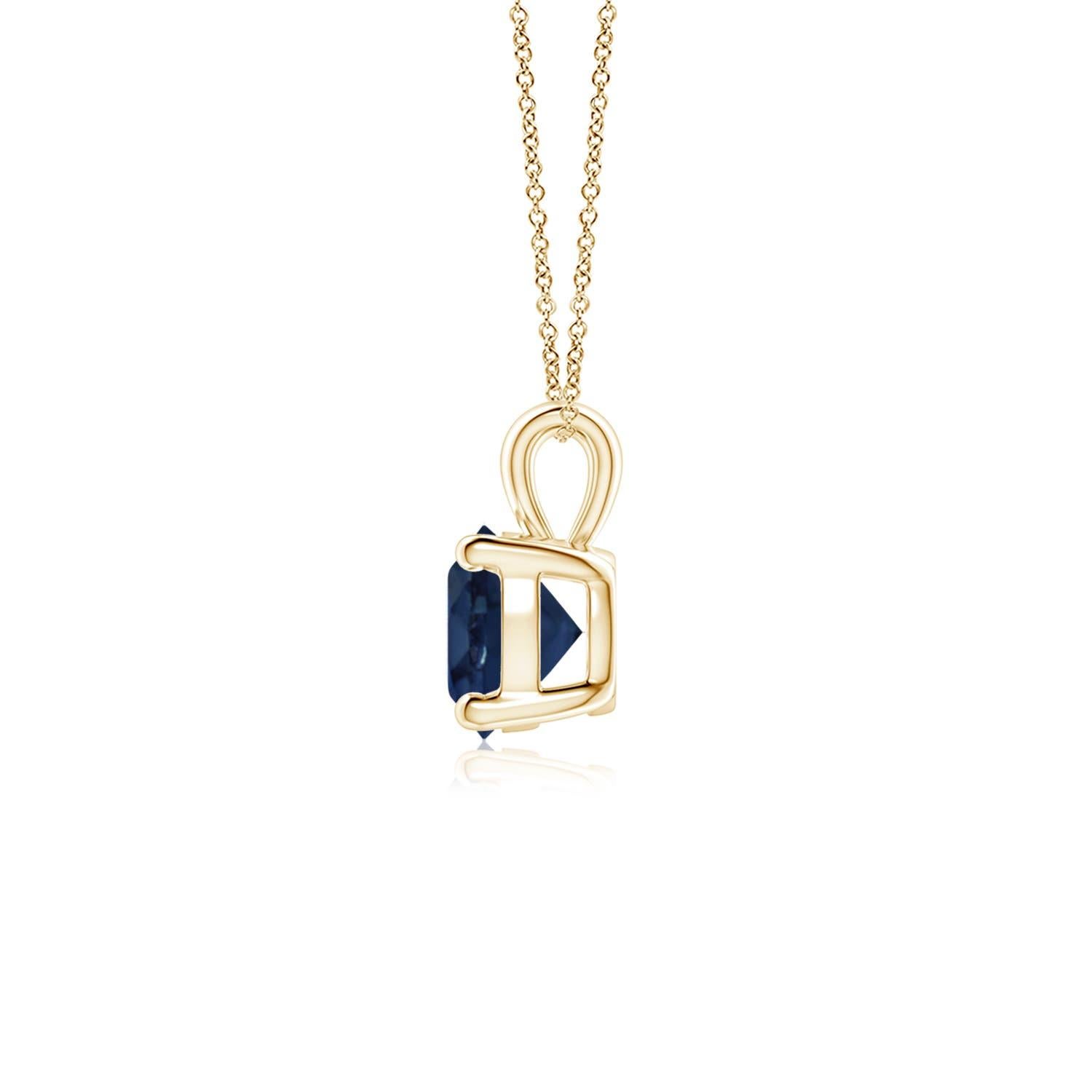 Linked to a lustrous bale is a stunning sapphire solitaire secured in a four prong setting. Crafted in 14k yellow gold, the elegant design of this classic sapphire pendant draws all attention towards the magnificence of the center stone.
Blue