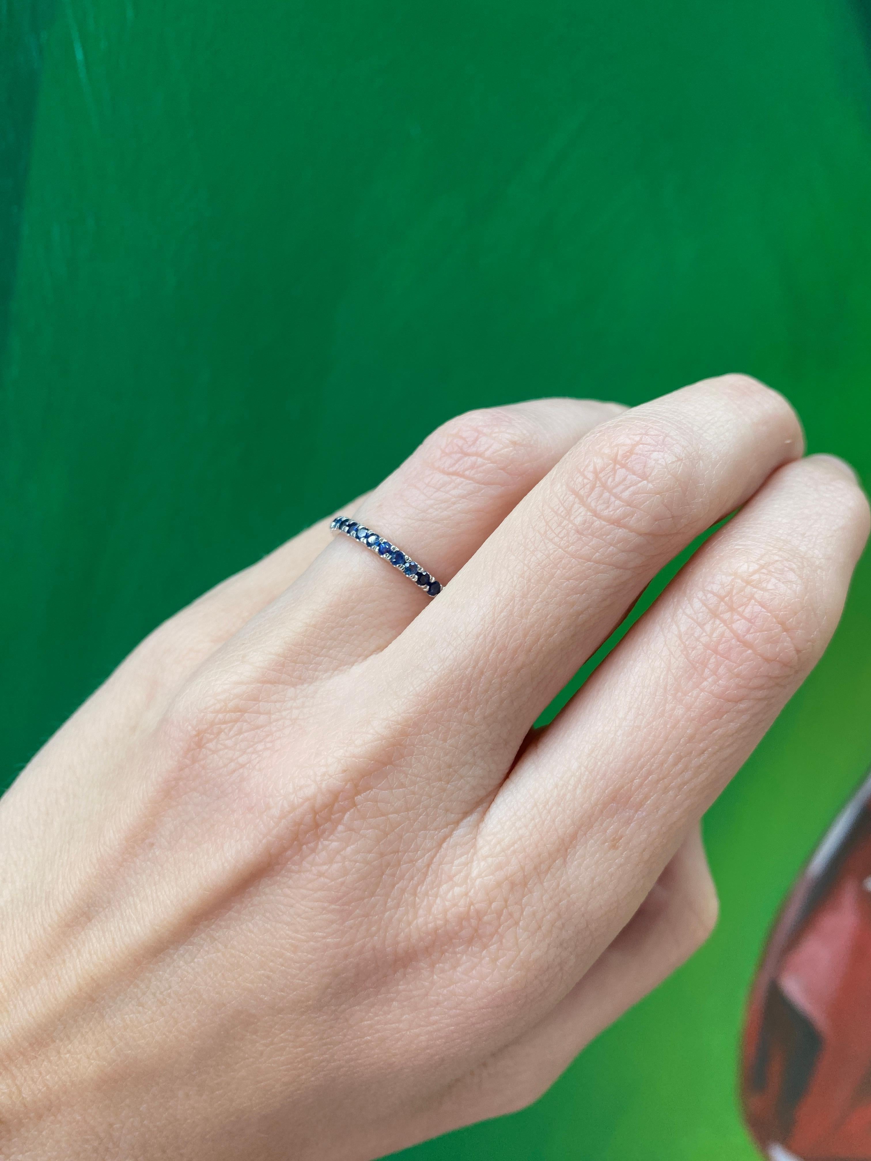 Natural Round Blue Sapphire Stacking Band, 14 Karat White Gold For Sale 5