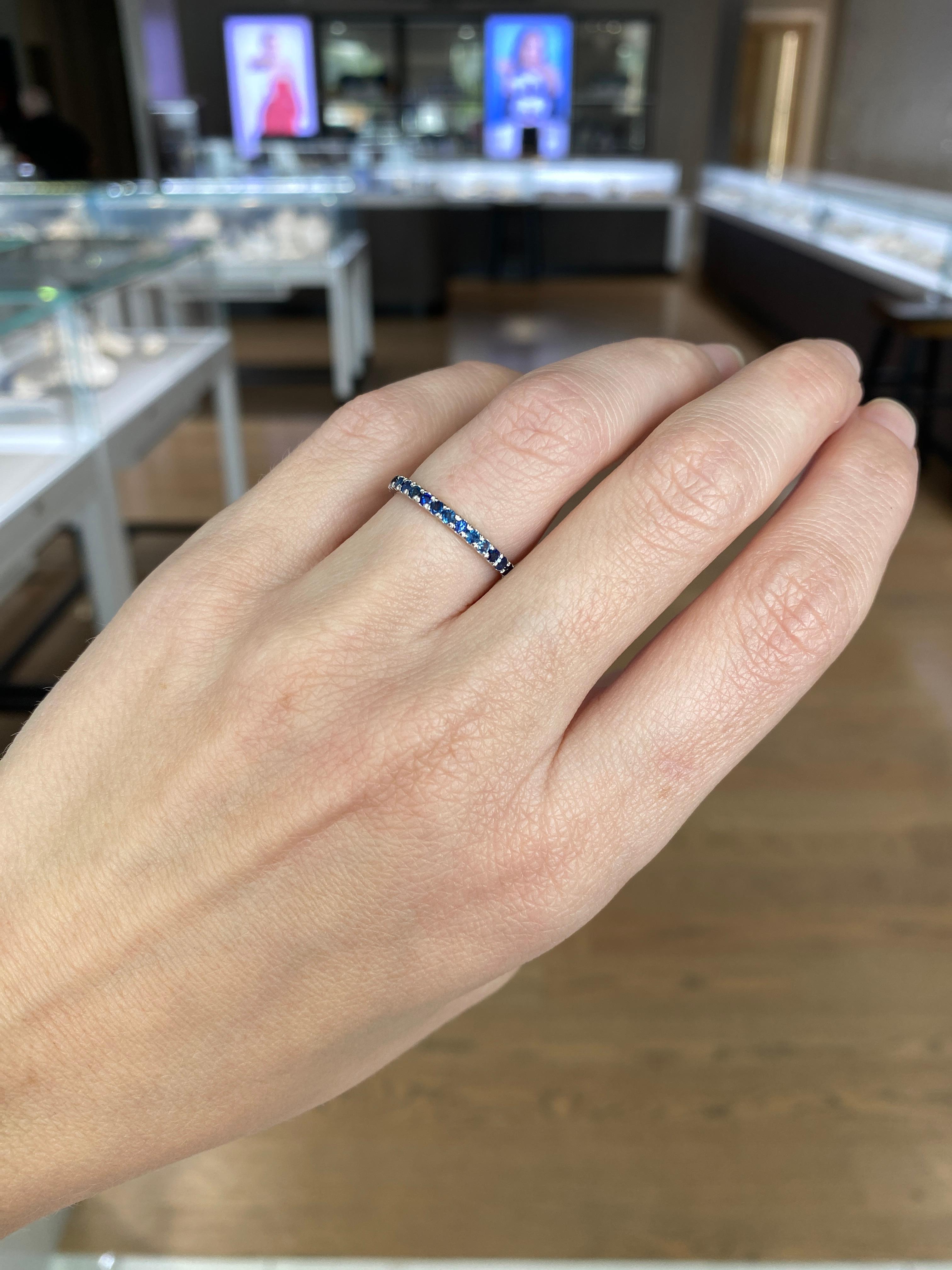 Natural Round Blue Sapphire Stacking Band, 14 Karat White Gold For Sale 7