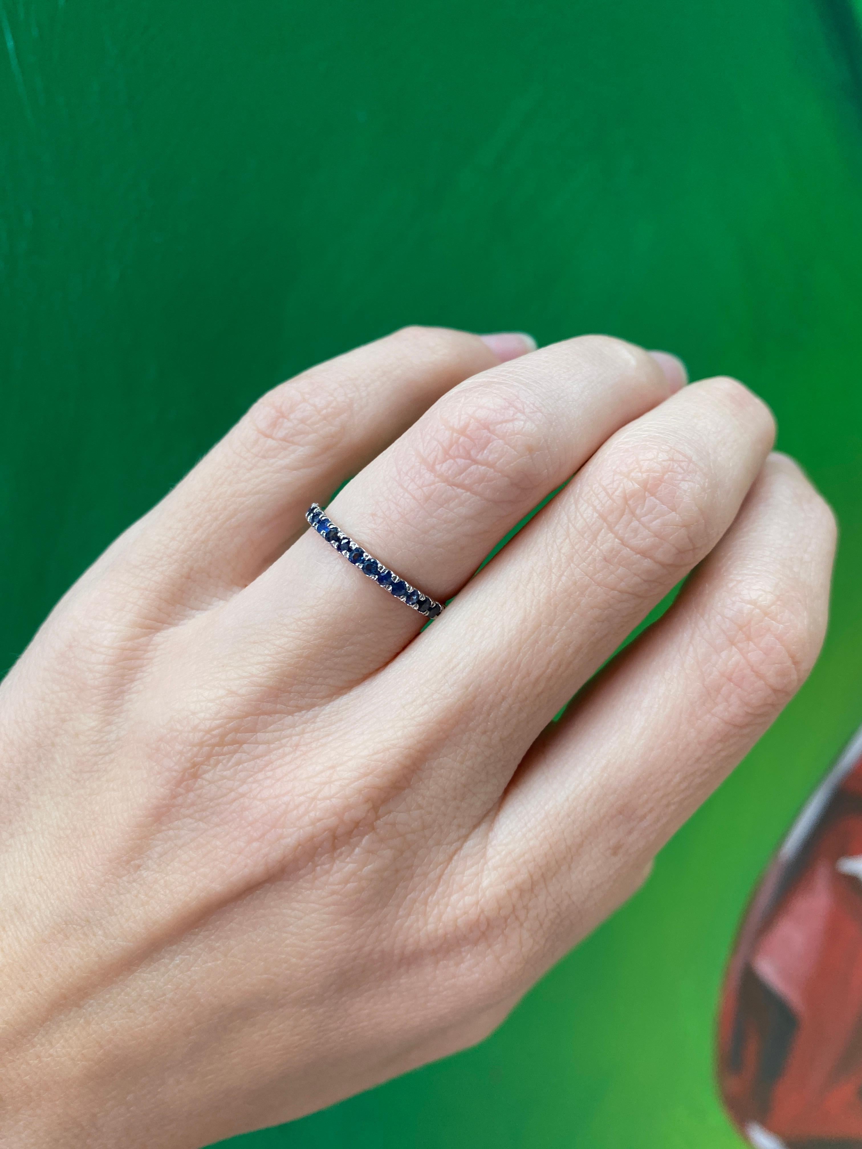 Natural Round Blue Sapphire Stacking Band, 14 Karat White Gold For Sale 8